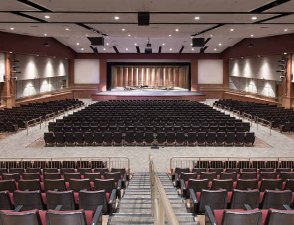 view looking forward at the stage of dawson county school performing arts center theater