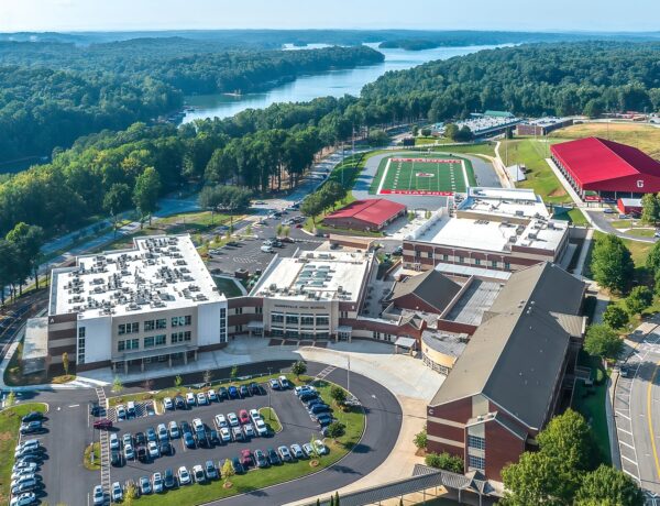 exterior overhead image of gainesville high school advanced studies center showing the lake