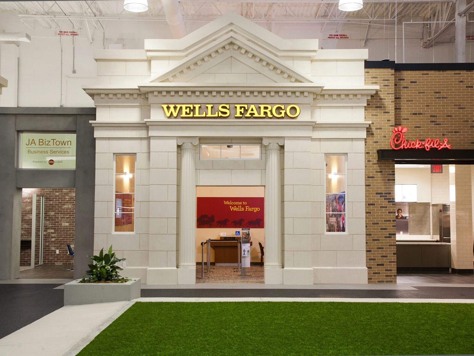 interior image of the junior achievement discovery center in lawrenceville, georgia featuring wells fargo and chickfila