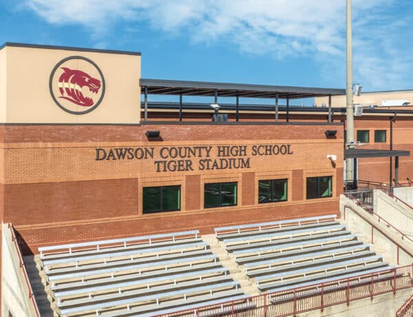 close up exterior image of dawson county high school multi-purpose athletic building